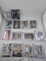 Front view of 14 sleeved NBA trading cards laid out