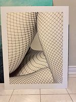 Full view of framed photograph showing fishnet pattern legs
