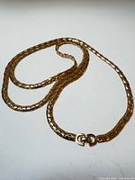 Full view of long gold-tone link necklace coiled