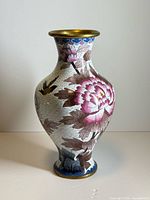 Full view of brass cloisonné vase showing floral and bird design