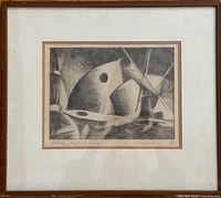 Full view of framed etching showing mat and frame
