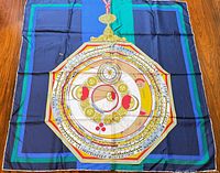 Full view of Gucci silk zodiac scarf laid flat showing overall design and colours