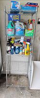 Full view of wire rack loaded with cleaning products