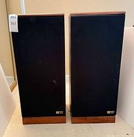 Front view of both ESS speakers showing grille and veneers