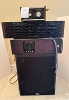 Full stack showing dbx 118 on top, SAE equalizer, Citation Nineteen amplifier, and KLH subwoofer