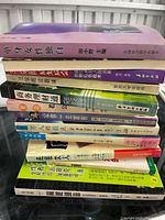 Front view of stacked spines showing thirteen Chinese paperback books