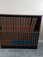 Full bookshelf with entire Britannica and Canadian Encyclopedia sets