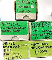 Labeled set boxes listing each NHL card set