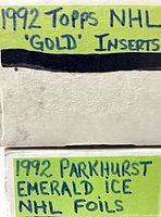 Box labels identifying 1992 Topps NHL Gold inserts and 1992 Parkhurst Emerald Ice NHL foils