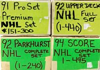 Labelled set boxes listing each NHL card set