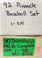 Box ends labeled '92 Pinnacle Baseball Set 1-310' and '90 Donruss MLB Complete Sets 1-715'
