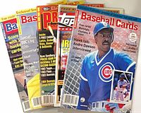 Five baseball magazines fanned out; front cover shows Andre Dawson July 1990 issue