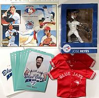 Group shot showing bobblehead box, jumbo cards, print, and miniature jerseys