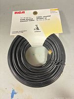 Front view of coiled RCA coaxial cable with hang-card