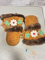top view of both mittens showing beadwork, fringe and overall condition