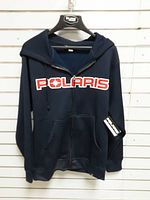 Front view of navy Polaris full-zip hoodie showing wordmark and pockets