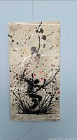Front view of mixed media artwork showing silhouetted figure, drips and splatter