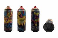 Four views of the painted spray paint can including base with signature