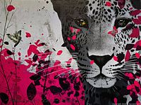 Full view of canvas showing leopard portrait, floral layers and color palette