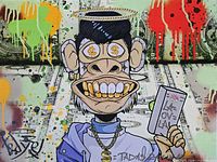 Full artwork showing character, currency background, paint splashes