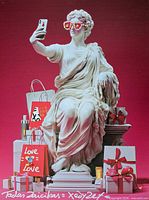 Full artwork showing entire composition with sculpture, bags, gifts, and magenta background