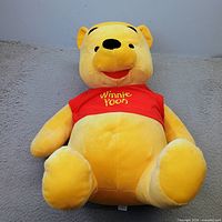 Full view of Winnie the Pooh plush lying on grey surface