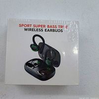 Front of sealed box displaying product image and title SPORT SUPER BASS TRUE WIRELESS EARBUDS