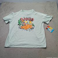 Full view of T-shirt front with graphic and size indication