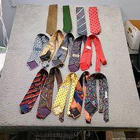 Group shot showing all 14 neckties arranged on table