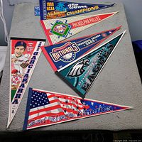 Overview of six felt pennants on table