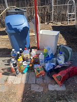 Overall lot with bins, chemicals, fan, vacuum and tools