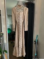 Full view of beige evening dress hanging