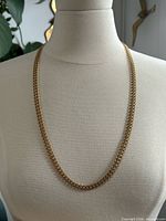 Front view of necklace on mannequin bust showing overall length and link style