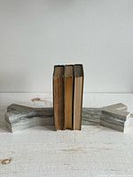 Pair of Y-shaped stone bookends holding books, front view