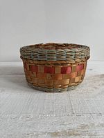 Side view showing basket body, weave pattern, red band, blue rim