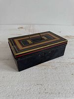 Top and side view of painted Chad Valley cash box