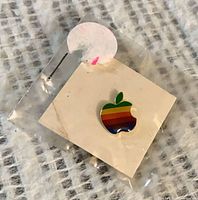Front view of sealed Apple rainbow enamel pin on card