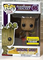 Front view of boxed Dancing Groot Pop #65 showing Entertainment Earth Exclusive sticker