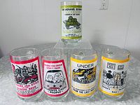 Front view of all five printed beer mugs