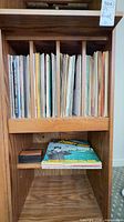 Shelf holding vertically stored LP records, stack of additional albums and a black accessory case