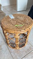 Full view of round rattan cane side table