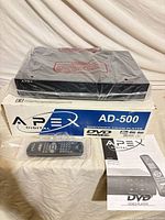 DVD player sealed in plastic with remote, manual and cables on table, original box visible