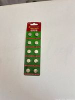 Front of blister card showing ten alkaline button cells