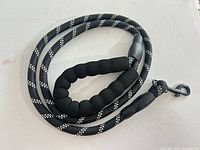Full view of black rope dog leash showing padded handle and snap clip
