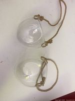 Pair of clear glass terrariums viewed from side with rope hangers attached
