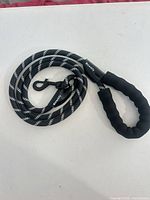 Coiled rope leash showing handle and snap hook