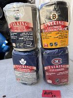 Four sealed talking can coolers with NHL team logos visible