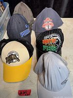 Top view of all six baseball caps showing colours, logos and embroidery