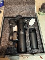 Gimbal, handle/tripod, LED light in foam insert