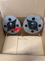 Pair of circular speaker drivers in box showing size, faceplates, and mounting